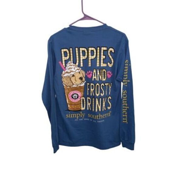 SIMPLY SOUTHERN Puppies and Frosty Drinks Blue Crewneck LS T-Shirt - Size S - Picture 2 of 3